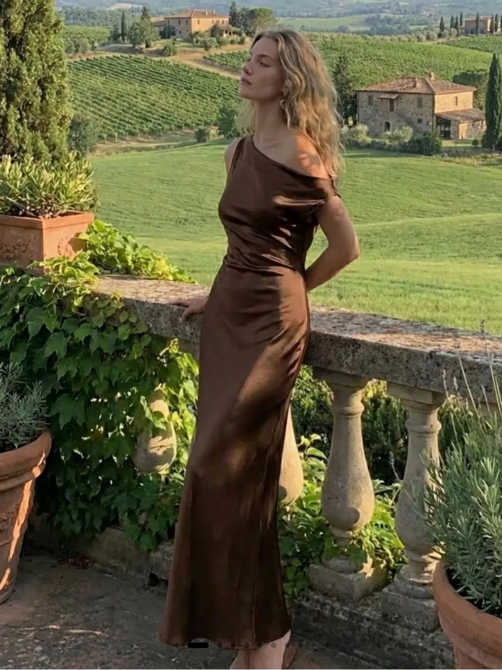 NWT Cider Brown Satin Asymmetrical One-Shoulder Backless Satin Maxi Dress